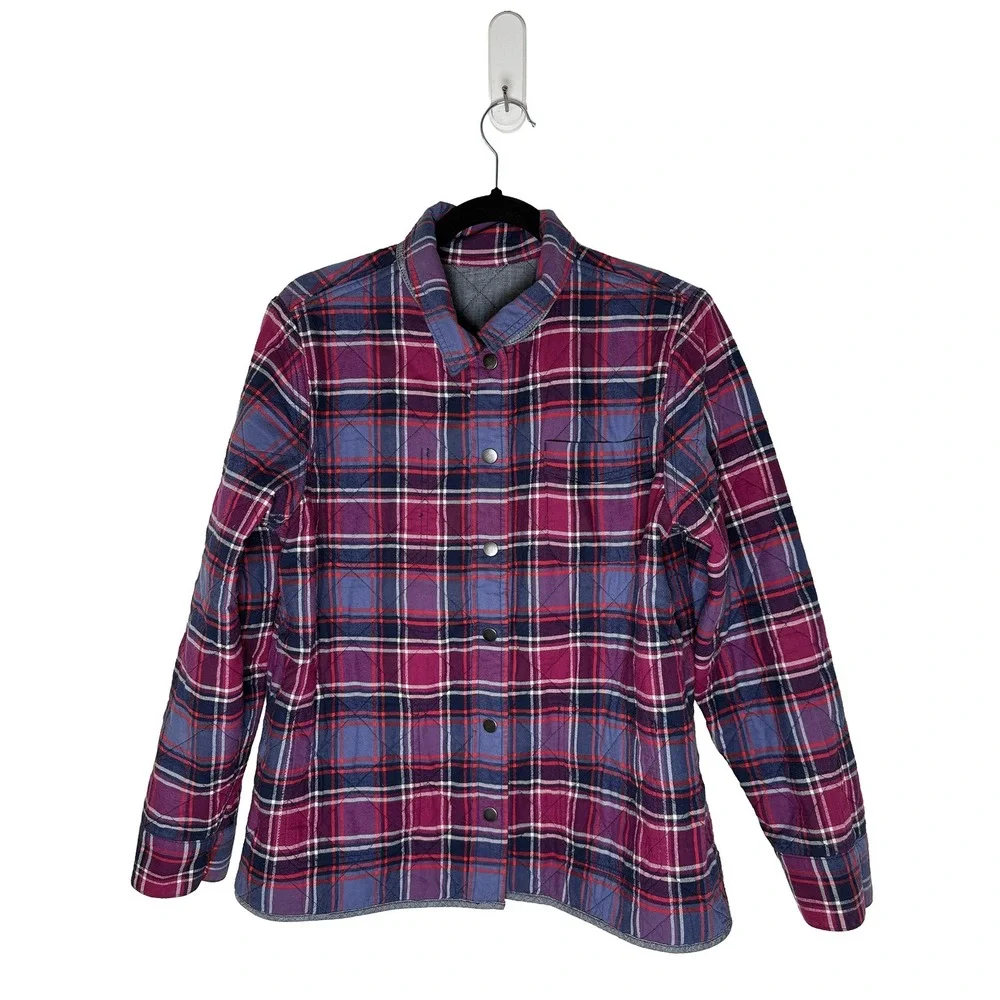 Lands End Womens Reversible Quilted Barn Jacket Chore Coat Blue Chambray Plaid M